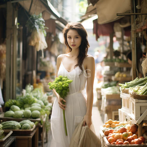 asian woman amidst fresh produce and earthy textures in a bustling outdoor market