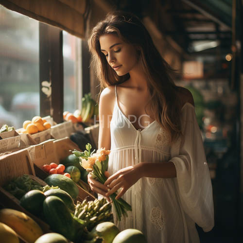 diaphanous figure amidst morning markets amber hues and whispers of fresh blossoms
