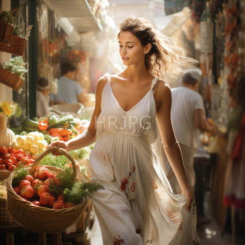 market aisles dappled light intersects with local produce and dark hair