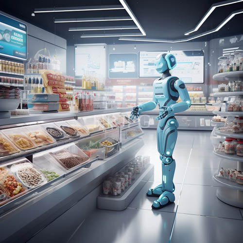 cobalt plating defines futuristic silhouette of robotic figure in retail space