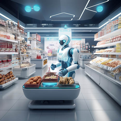 aerodynamic marketplace converges hightech automation with artisanal grocery staples amidst precisionengineered architecture