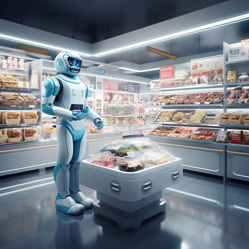 High Resolution: Digital-First Robot Amidst Artisanal Baked Goods and Ambient Bakery Lighting download. | HRJPG.com