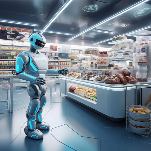 streamlined humanoid confronts artisanal bakery environment with metallic precision and neon illumination