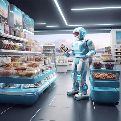 silhouetted figures in cerulean and ivory highgloss finishes amidst retail environments