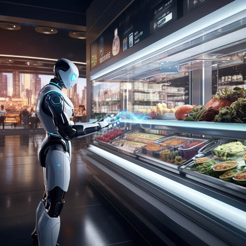 High Resolution: Humanoid Form in Monochrome White and Obsidian Black Surrounded by Fresh Produce Display download. | HRJPG.com