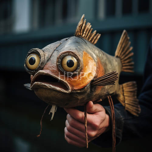 whimsical fish sculpture with exaggerated features and tactile depth