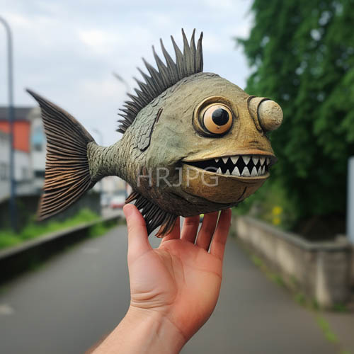 cartoonish fish contrasts surreal proportions against metropolitan environment