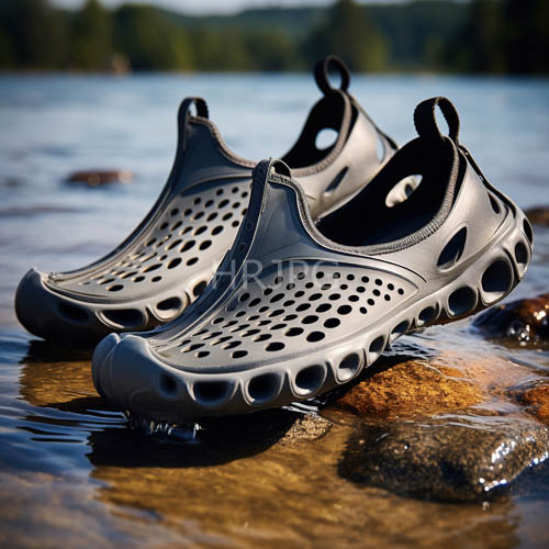 shallow lake surface texture contrast with gray perforated water shoes on wet rocks