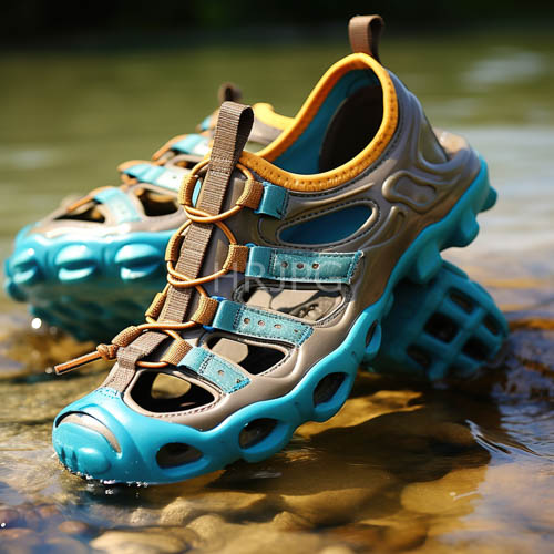 prototypical footwear perches atop jagged crystalline stones amidst prismatic water ripples