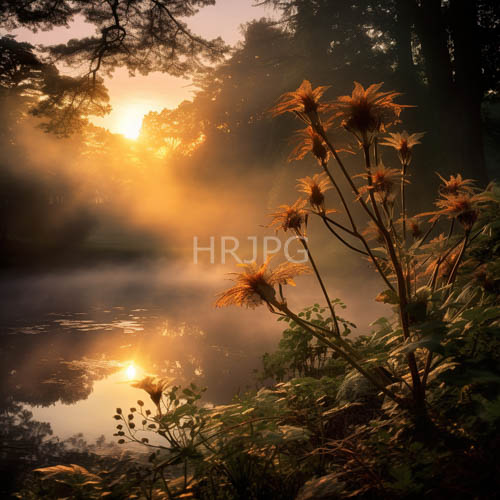 morning light dances through forest canopy amber hues misty lakeside sanctuary