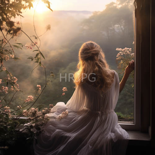 cloud like tresses reflecting dawns fading luminescence on rustic window ledge