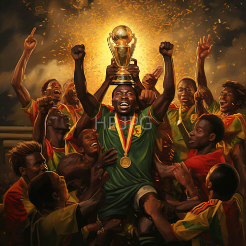 african soccer players converge in jubilant formation of triumph under glowing centerpiece