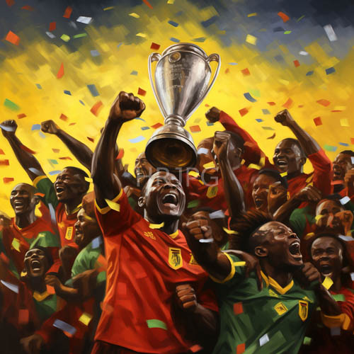 african soccer players in jubilant crimson and emerald uniforms amidst frenzied confetti storm
