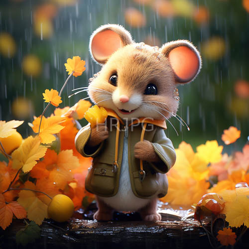 mouse stands amidst autumn drizzle with ambertoned fur in emeraldgreen coat