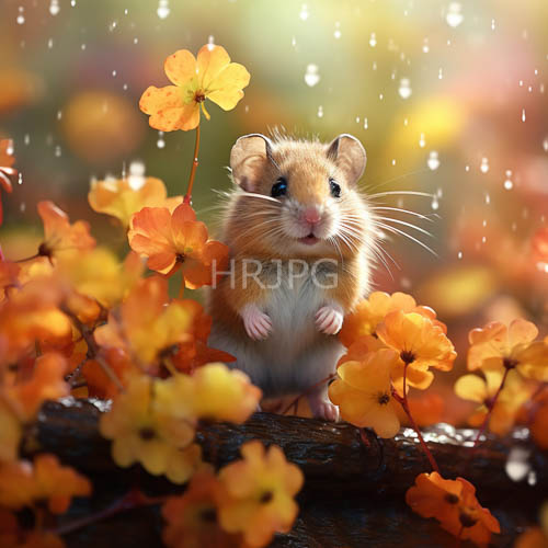 hamster amidst autumnal harvest with miniature world and delicate raindrops