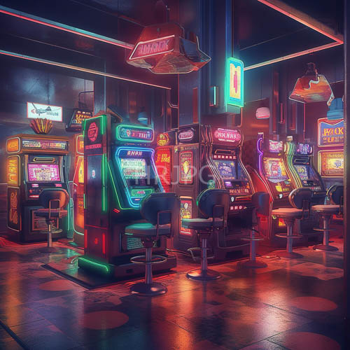 electric arcades of retro gaming culture unfold in crimson cobalt and emerald hues against polished checkered tiles