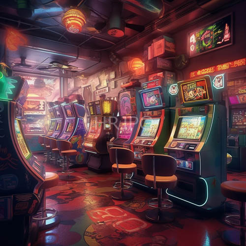 retrofuturistic arcade sanctuary captures the essence of a bygone era with neonlit slot machines and pixelated game screens