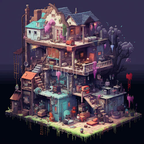 High Resolution: Highly Refined Pixel Art Composition of Eclectic TwoStory Dwelling Architecture download. | HRJPG.com