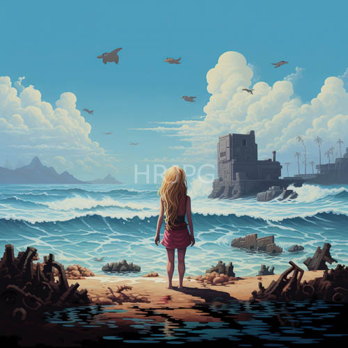 blonde woman poses amidst jagged shoreline ruins with muted earthy tones