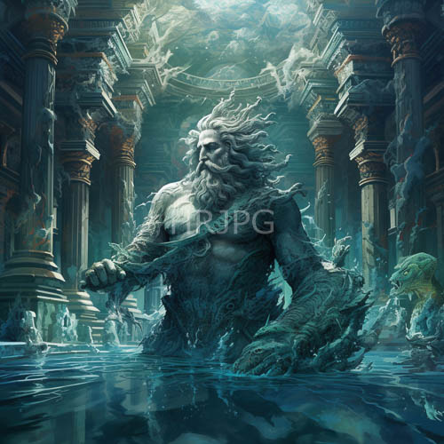 imposing deity of tides emerges from submerged sanctuary of forgotten civilization