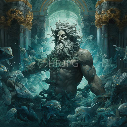 ancient turquoise depths cradle majestic stone titan in fissured stone and gilded wreaths