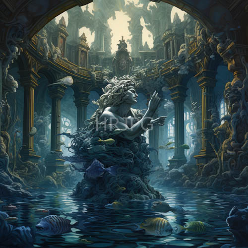 High Resolution: Ancient Underwater Temple Surrounded by Oceanic Pillars and Shimmering Seaweed download. | HRJPG.com