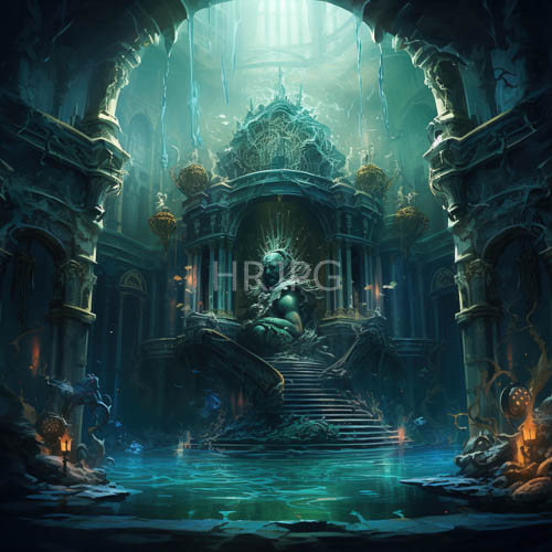 fractured stonework teal luminescence cathedral ruins water reflects decay