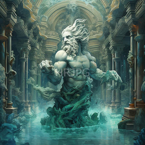 turquoise currents unfurl a colossal deity amidst ancient subterranean ruins and decaying stone architecture