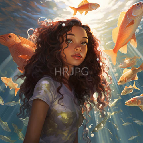 africanamerican woman navigates ocean depths with dark brown curls floating in a weightless halo amidst cerulean expanse
