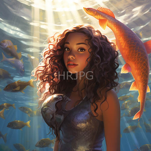 ocean floor ballet with mahoganytoned curls amidst crystalline depths and iridescent caustics