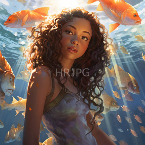africanamerican woman drifts weightlessly in emeraldgreen tank top amidst vibrant aquatic realm with mahoganytoned curls