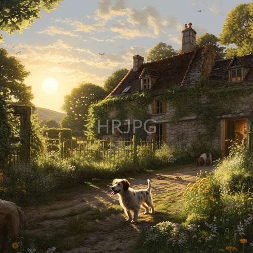 stone cottage transformed by amber hour glow in verdant countryside landscape