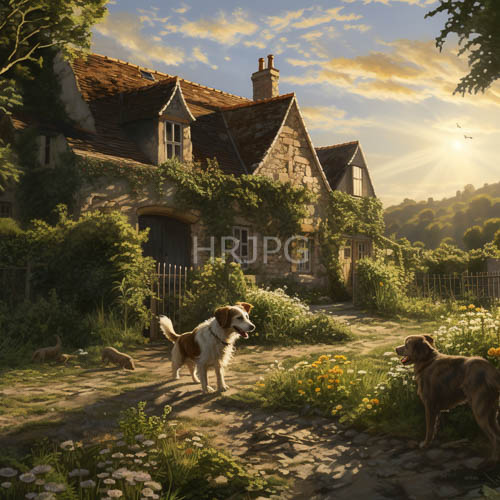 High Resolution: Rustic stone cottage basks in sunlit hours amber glow amidst weathered cobblestone path download. | HRJPG.com