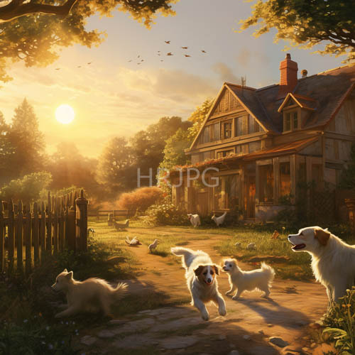 seven canines frolic amidst amber light on a late afternoon lawn