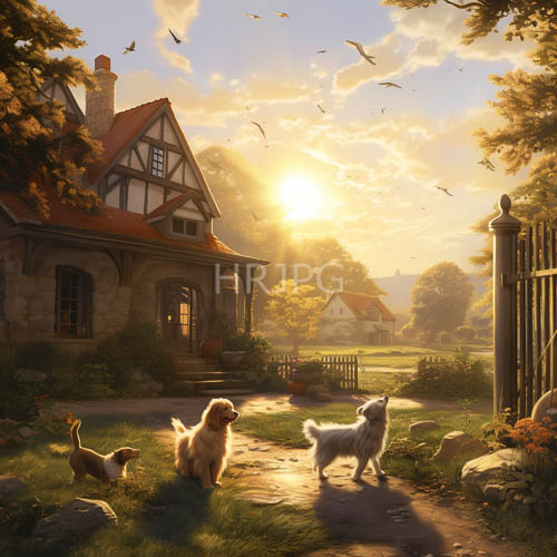sunset amber evening countryside paths with glowing coats and canine companions
