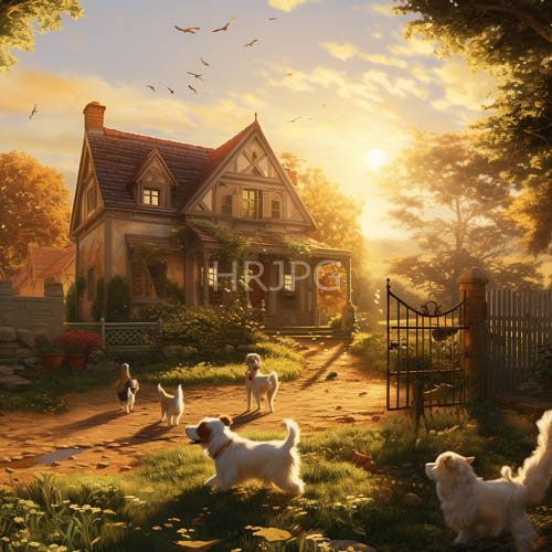 dazzlingtoned hour illuminates verdant expanse across grass blades casting long shadows toward quaint timber dwelling