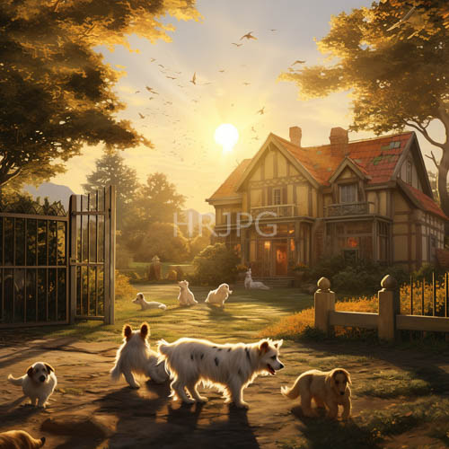 amberhued hour bathes landscape in honeyed glow casting elongated shadows weathered stone pathways tudorstyle residence halftimbered architecture