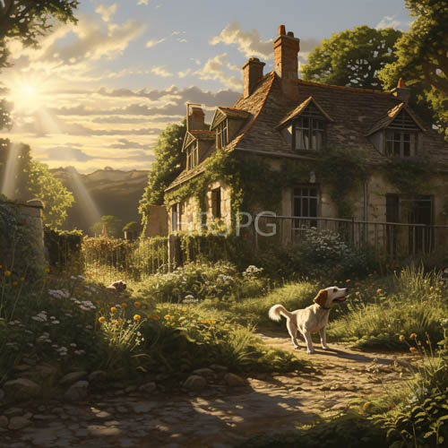 marked stone cottage enveloped in emerald ivy tapestry under fractured sunset light rays
