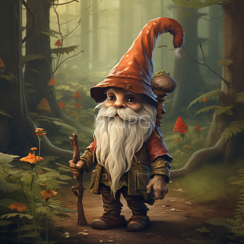 woodland canopy filters light onto enchanted gnome in rugged forest habitat