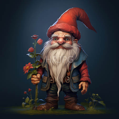 elderly gnome dressed in oversized crimson attire with muted blue undergarment