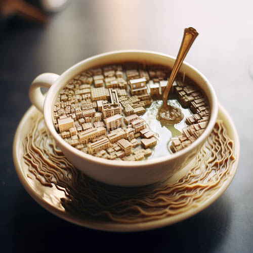 miniature ceramic vessel holds steaming hot chocolate with urban landscape