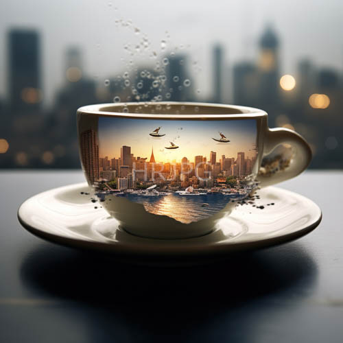 sunset cityscapes captured in fluid reflections on polished ceramic surfaces next to glass giants