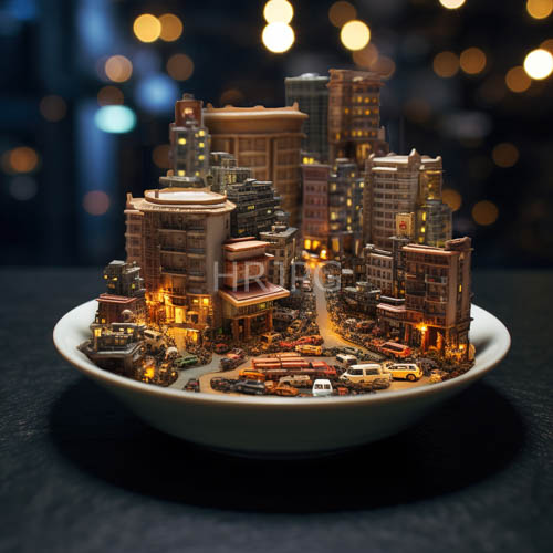 High Resolution: Skyscrapers rise from ceramic plate surface juxtaposing mundane dinnerware with urban landscape download. | HRJPG.com