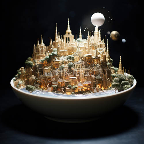 frozen celestial metropolis with meticulous precision and verdant clusters