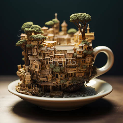 High Resolution: Microscopic Metropolis on Polished Mahogany Ceramic Teacup Facades Mimic European Architecture download. | HRJPG.com