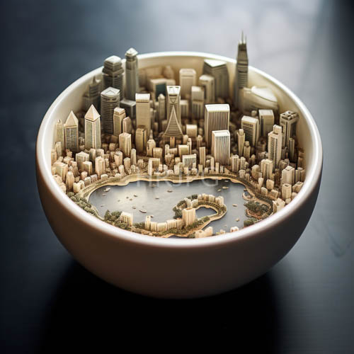 pristine ceramic basin encases miniature cityscape with obsidianhued skyscrapers and verdant moss islands