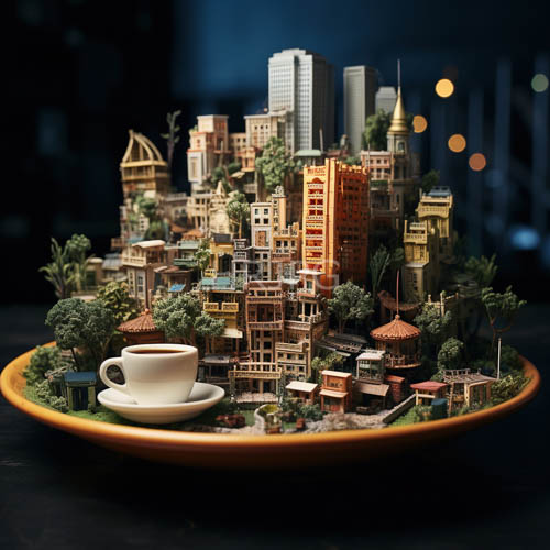 urbanization of architectural textures in orange hued cityscapes with lush greenery