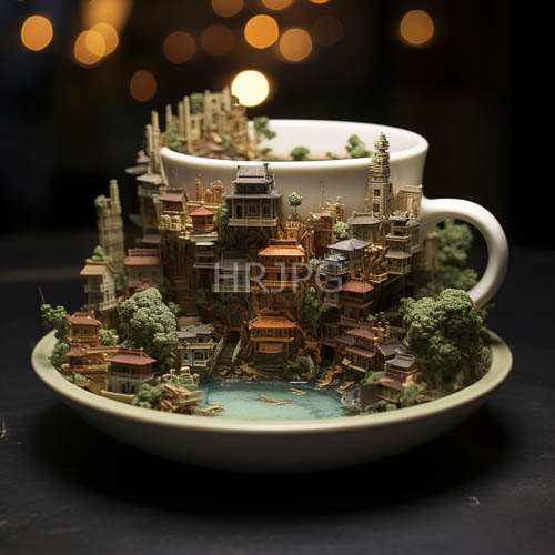 pristine ceramic vessels support miniature urban landscape inspired by asian architecture