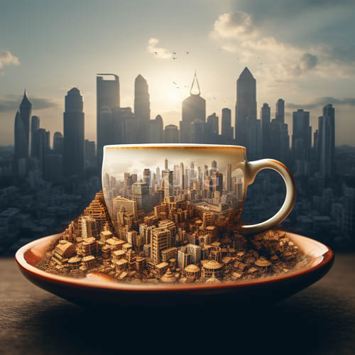 microscopic metropolis rises within delicate translucent teacup basin ceramic streets bleeding into blurred urban expanse