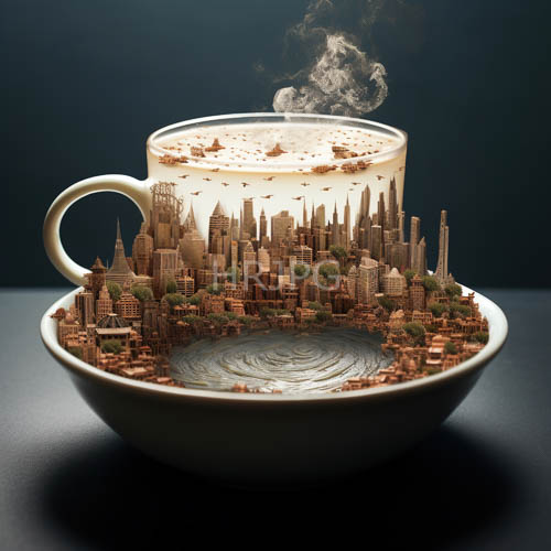 High Resolution: Morning Brew in Miniature Architectural Marvel on Polished White Ceramic Vessel download. | HRJPG.com